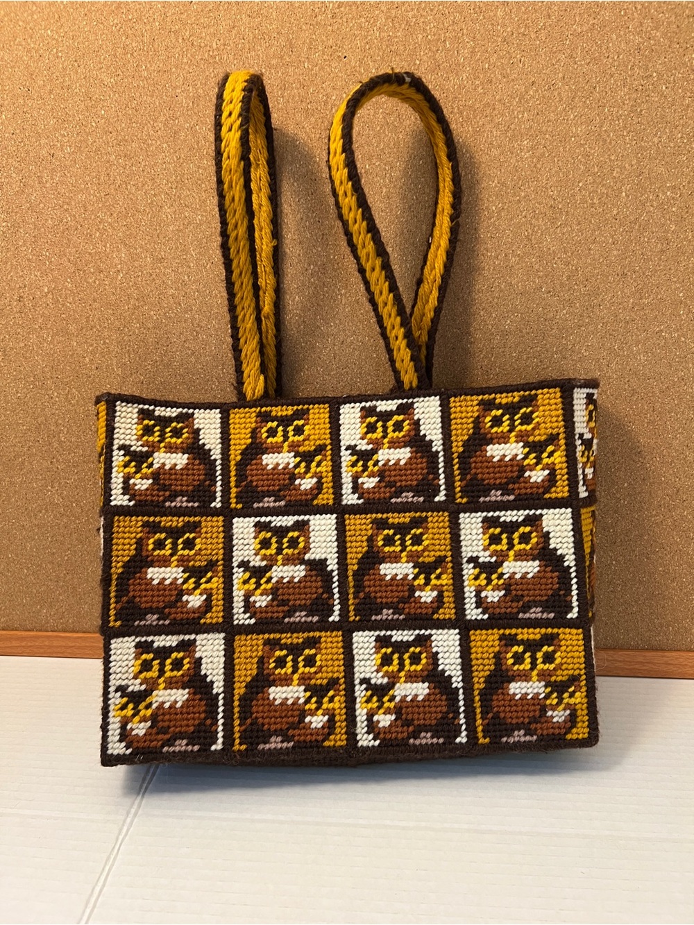 Handcrafted Owl Mosaic plastic Canvas Tote in Brown and Yellow